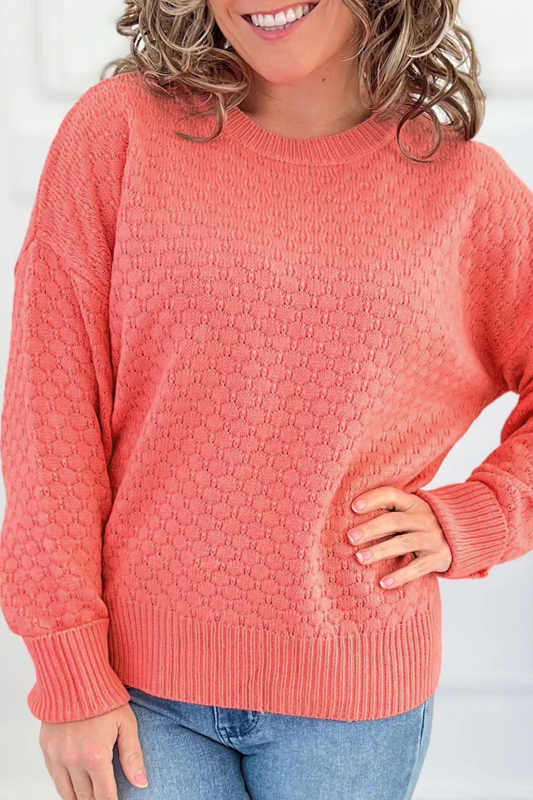 Coral Paradise Breathable Patterned Knit Drop Shoulder Pullover Sweater Dear-Lover Dropshipping