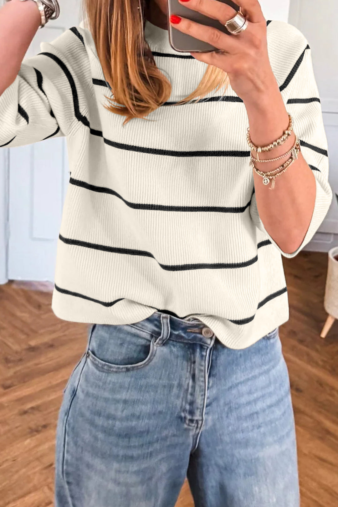 White Stripe Ribbed Knit Half Sleeve Loose Sweater Tee Dear-Lover Dropshipping