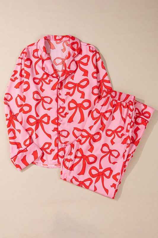 Bow Long Sleeve Top and Pants Pajama Set