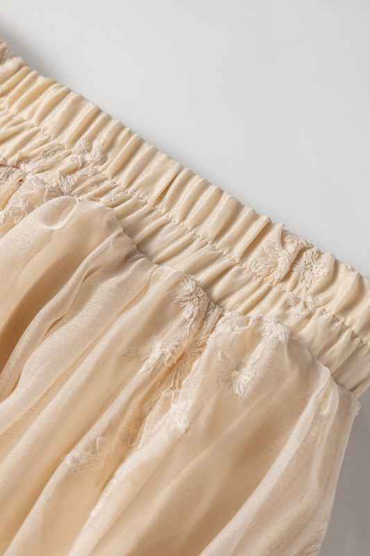Solid Embroidered Mesh Overlay Midi Skirt