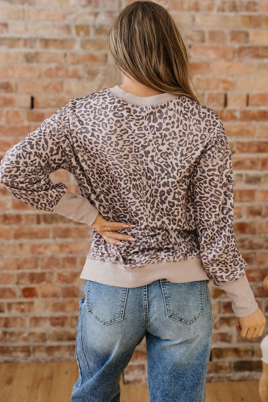 Khaki Leopard Print Patchwork Crew Neck Sweatshirt Dear-Lover Dropshipping