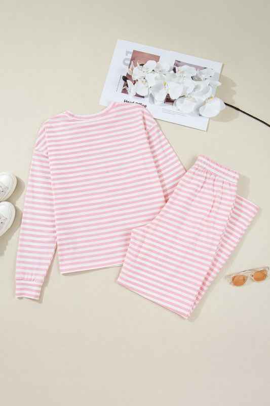 Stripe Drop Shoulder Top & Buttoned Pants Set