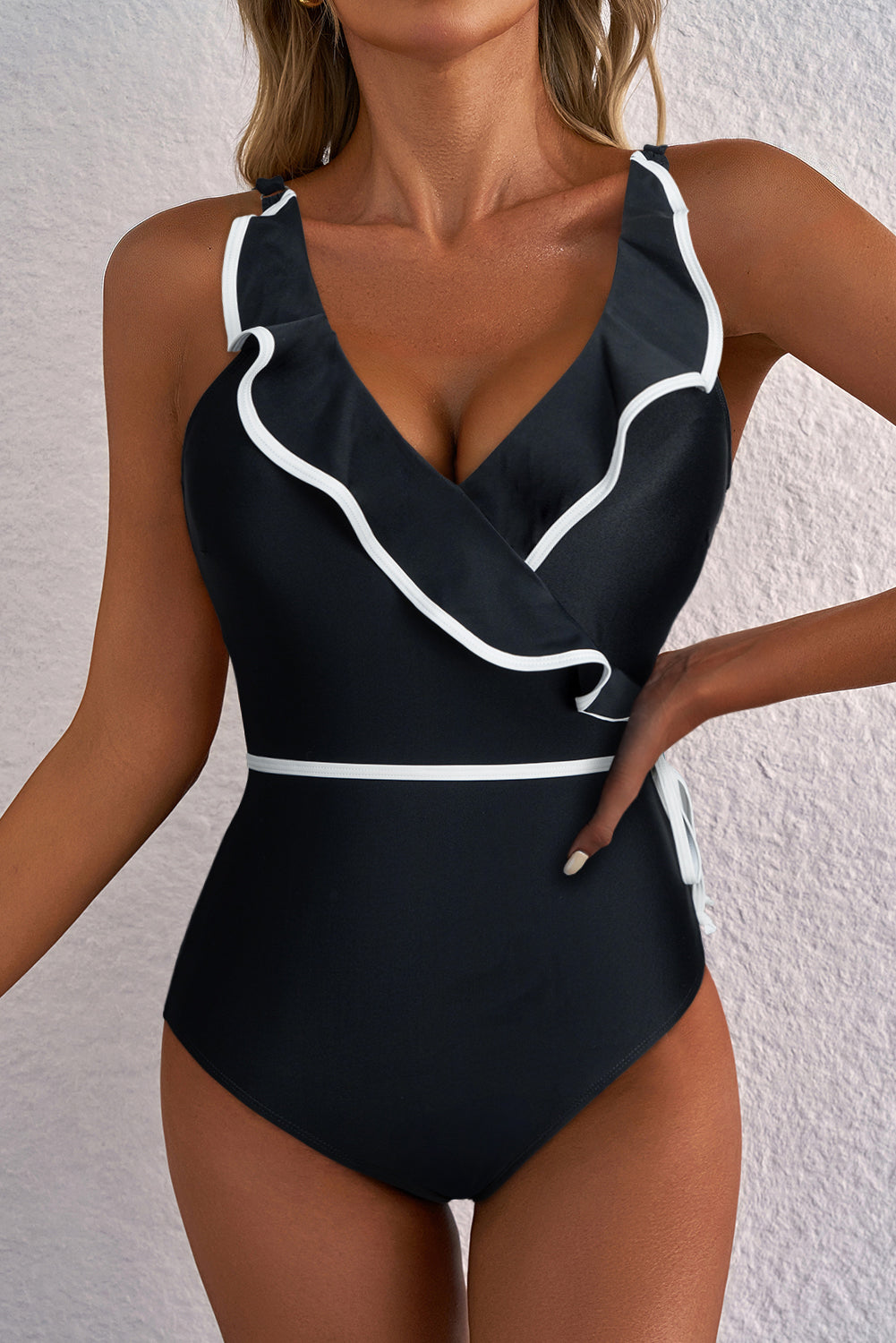 Black Color Contrast Ruffled Wrap V Neck Swimsuit Dear-Lover Dropshipping