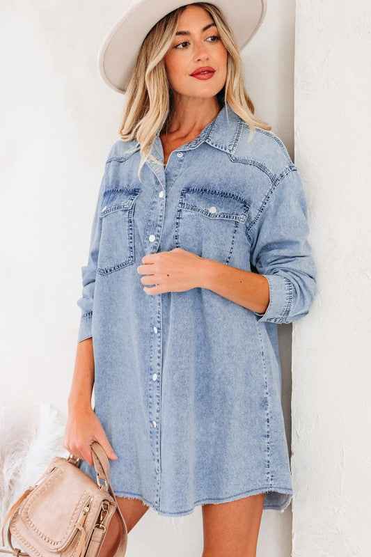 Solid Denim Chest Pocket Raw Hem Shirt Dress