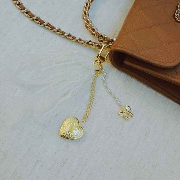 Lace & Love Heart Bag Charm  – White Bow with Gold