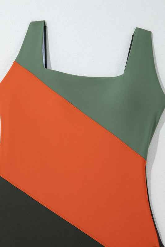 Colorblock Padded Square Neck One Piece Swimsuit