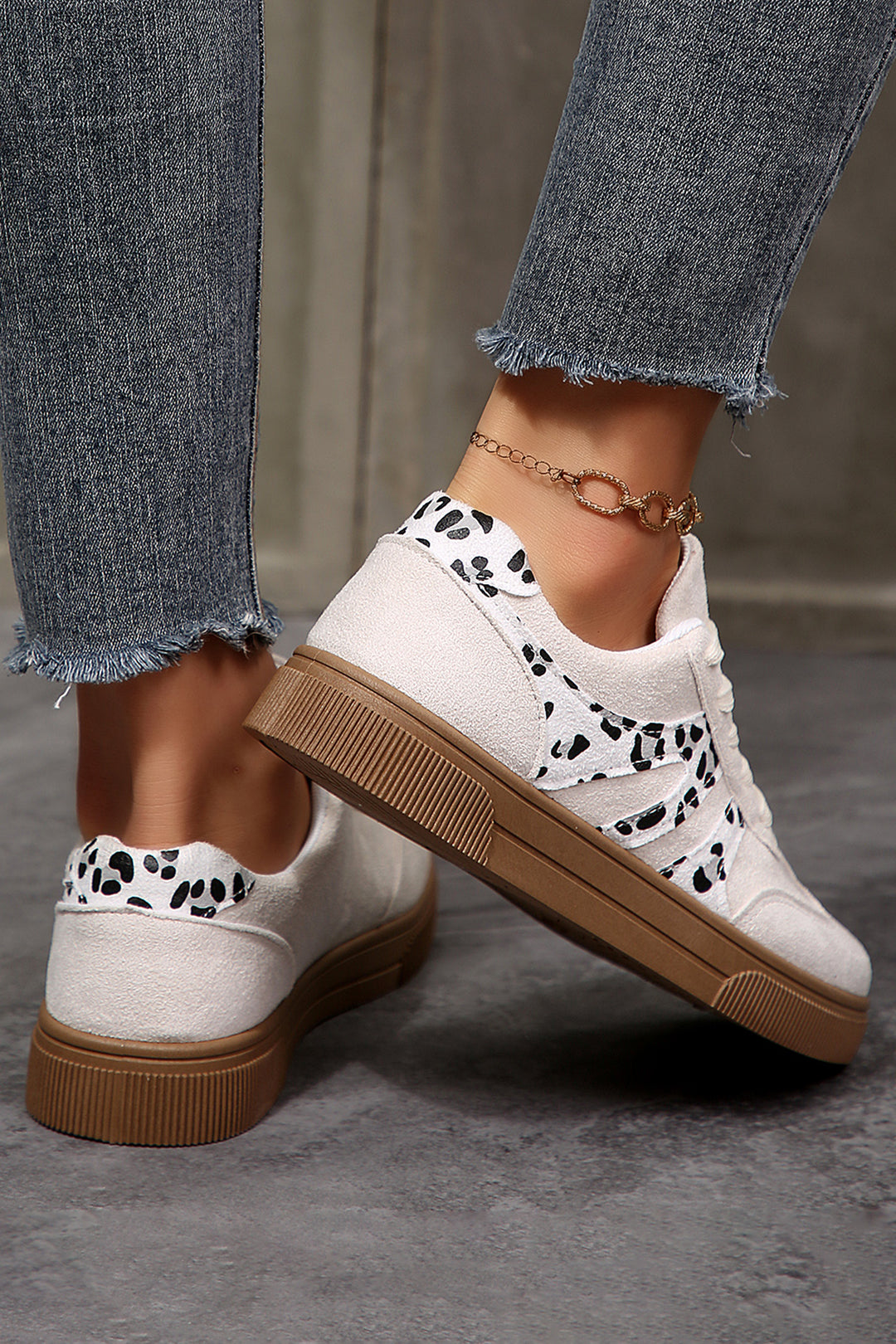 White Suede Leopard Color Block Trim Lace-up Casual Shoes Dear-Lover Dropshipping
