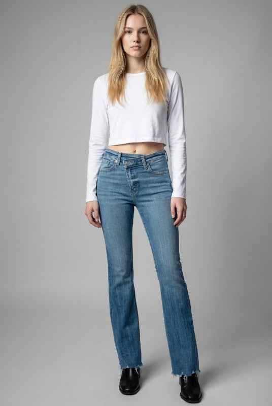 AT1098FLM - HIGH RISE CROSSOVER WAIST FLARE JEANS