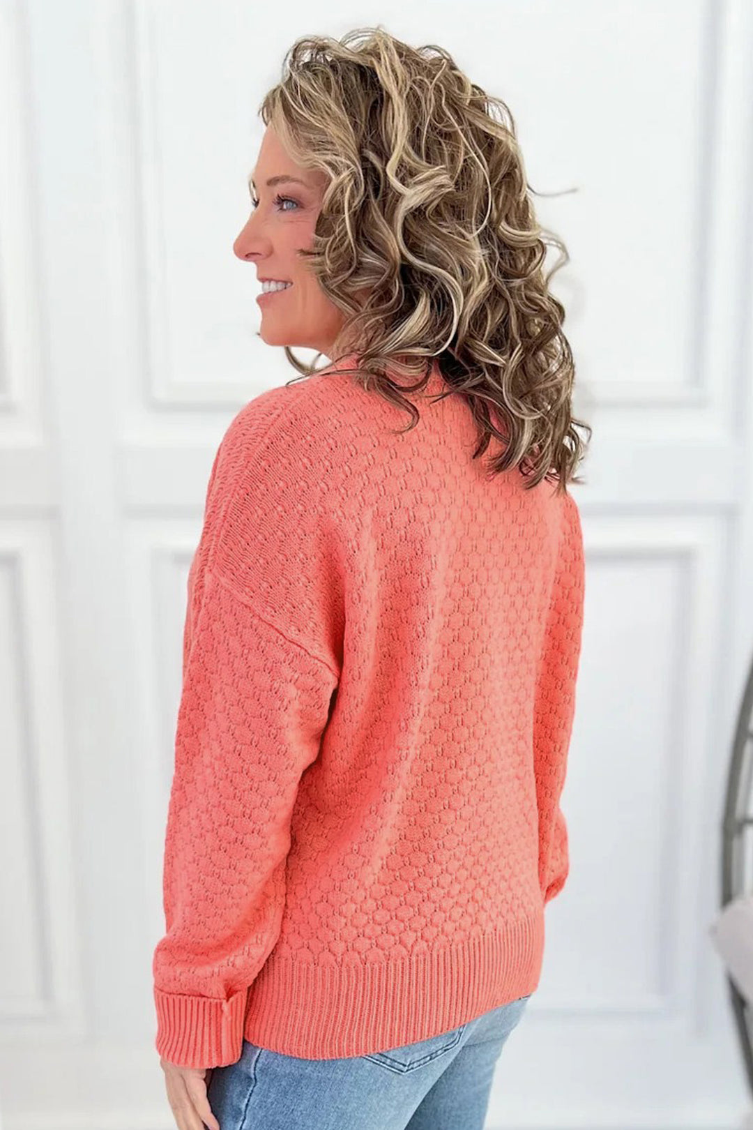 Coral Paradise Breathable Patterned Knit Drop Shoulder Pullover Sweater Dear-Lover Dropshipping