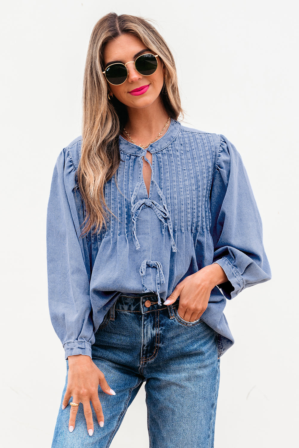 Myosotis Denim Front Pintuck Bow Tie Puff Sleeve Top Dear-Lover Dropshipping
