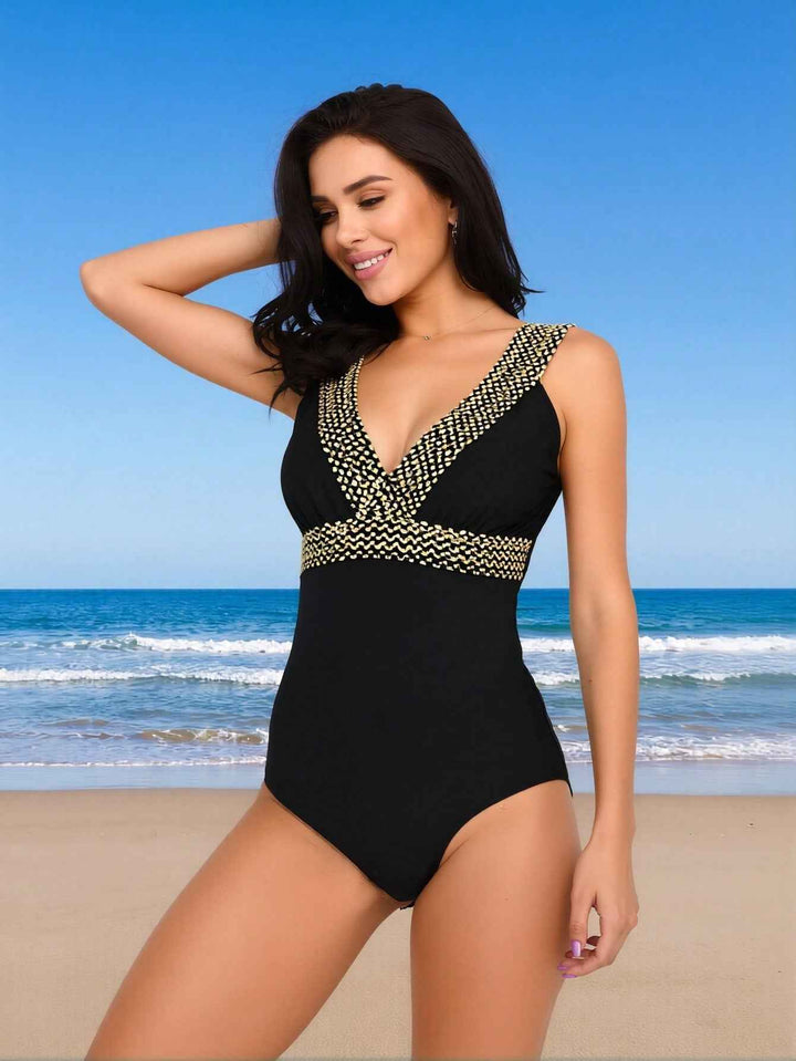 2026 Women's Sophisticated One-Piece: Black Swimsuit With Gold Stud Embellishments And Deep V-Neckline