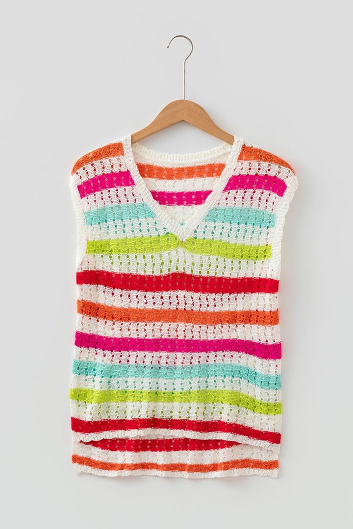 Multicolour Striped Eyelet Knit V Neck Sweater Tee Dear-Lover Dropshipping