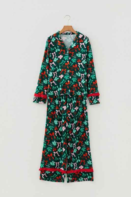 Bow Button-Up Top and Pants Pajama Set