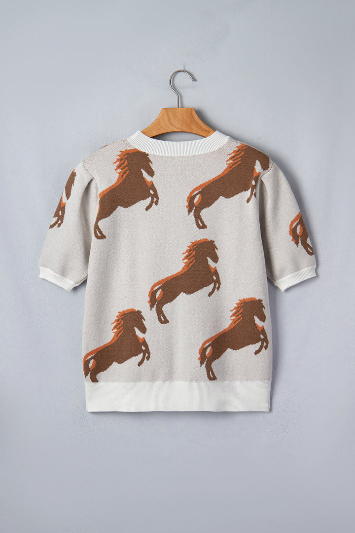 White Western Horse Printed Short Puff Sleeve Sweater Dear-Lover Dropshipping