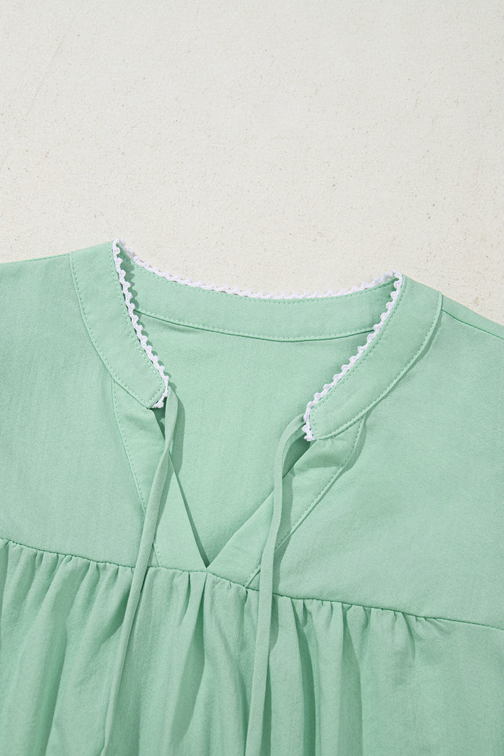 Clearly Aqua Floral Embroidered Puff Sleeve Split Neck Blouse Dear-Lover Dropshipping