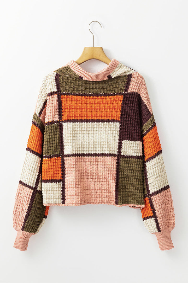 Orange Color Block Waffle Knit Drawstring Mock Neck Sweater Dear-Lover Dropshipping