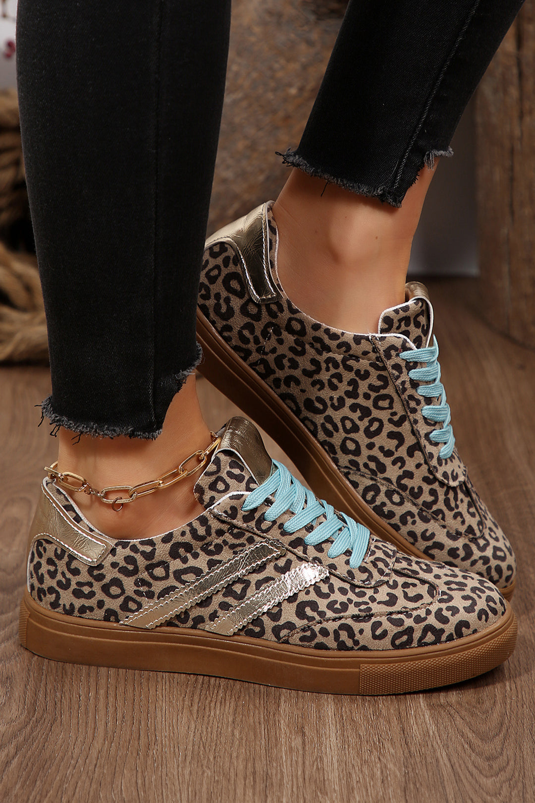 Coffee Faux Suede Leopard Print Sleek PU Leather Detail Lace Up Sneakers Dear-Lover Dropshipping