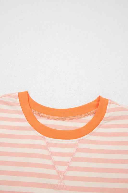 Stripe Neck Loose Tee & Drawstring Shorts Set