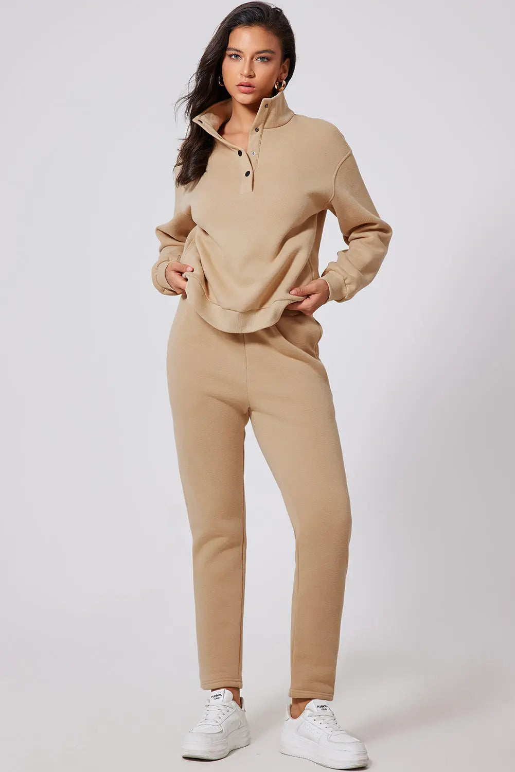 Parchment Solid Half Button Sweatshirt and High Waist Sweatpants Set Dear-Lover Dropshipping