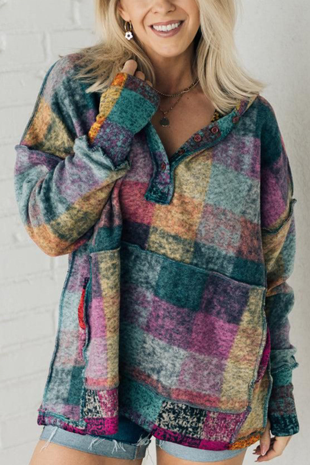 Multicolor Brushed Plaid Buttoned Pullover Oversized Hoodie Dear-Lover Dropshipping