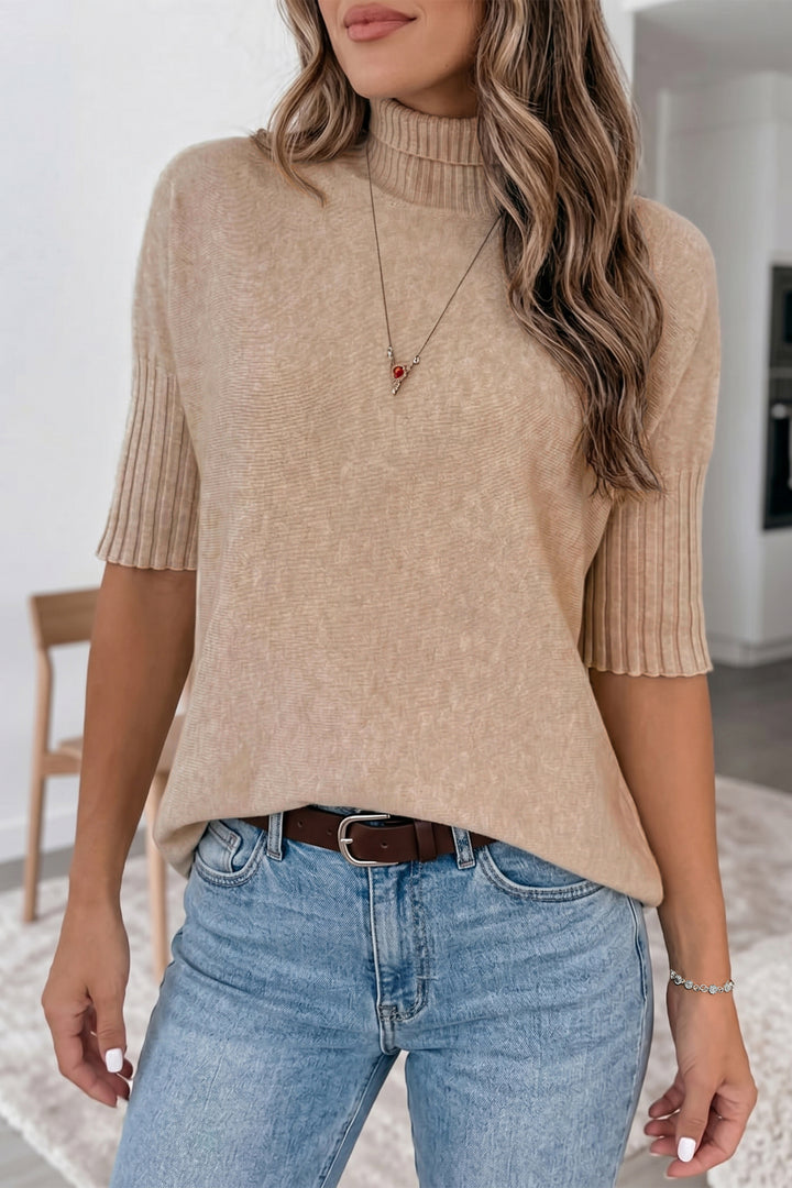 Beige High Neck Short Sleeve Solid Shift Sweater Regular Wash Casual Daily Wear Dear-Lover Dropshipping