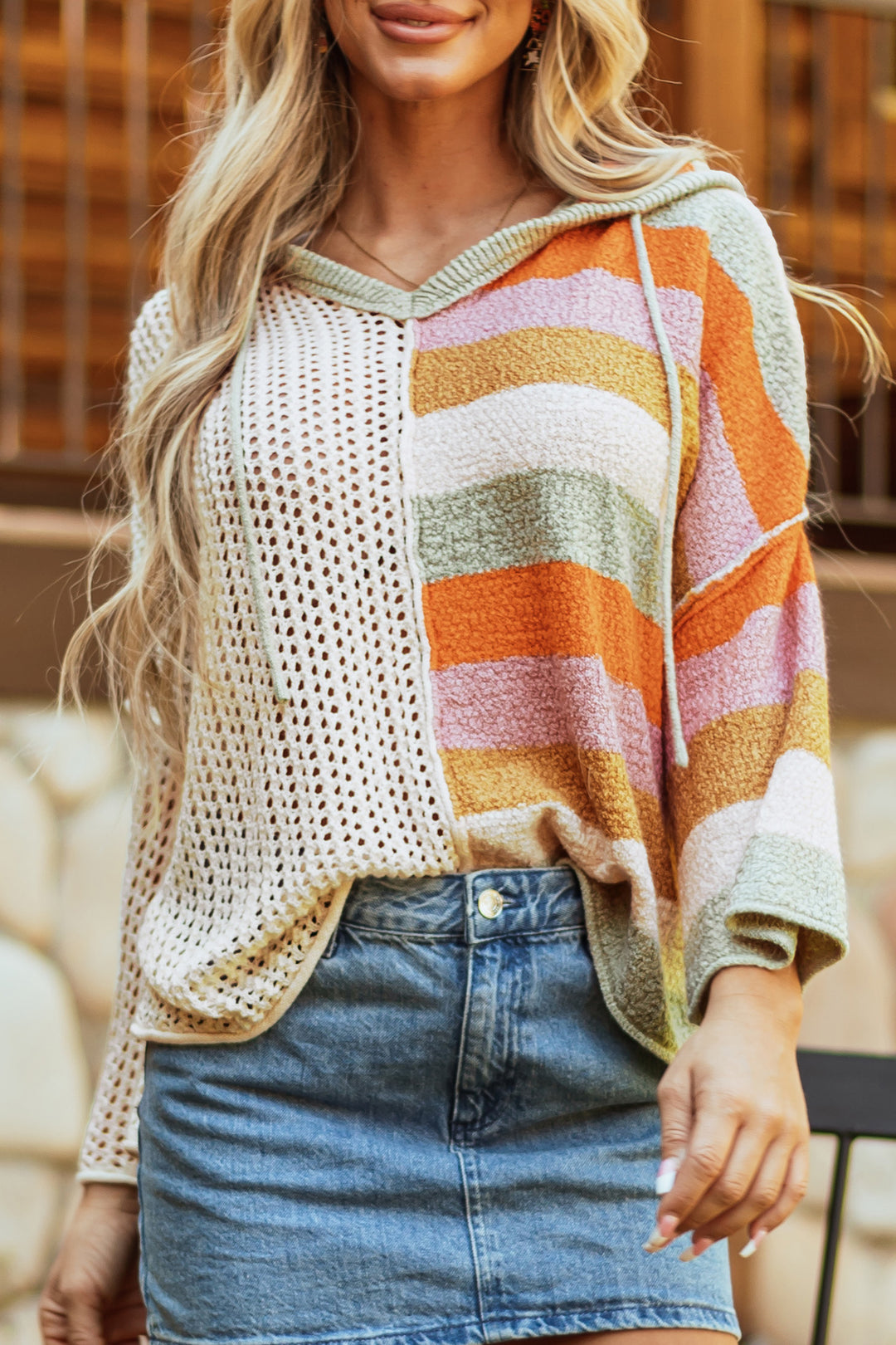 DEAR-LOVER Beige Oversized Colorblock V Neck Hooded Sweater Dear-Lover Dropshipping