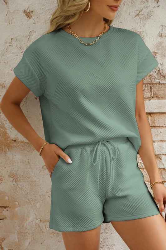 Textured Short-Sleeve Top & Drawstring Shorts Set