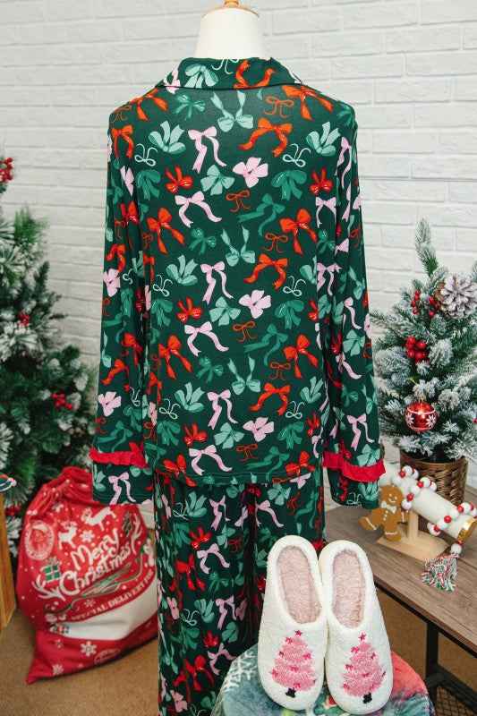 Bow Button-Up Top and Pants Pajama Set