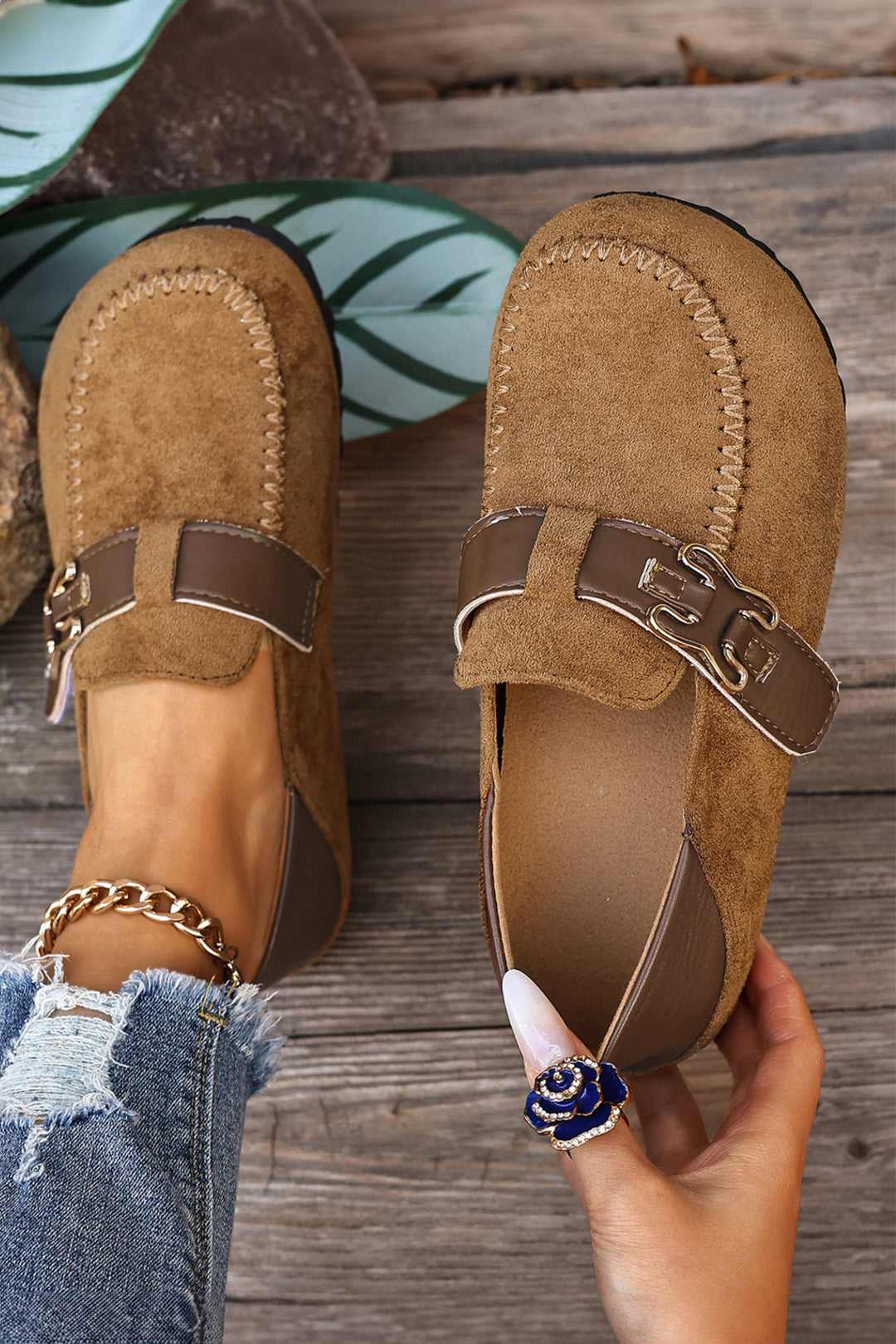 Khaki Faux Suede PU Leather Patchwork Retro Buckle Slip On Shoes Dear-Lover Dropshipping