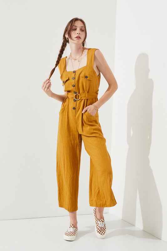 SLEEVELESS SQUARE NECK BUTTON DOWN ANKLE JUMPSUIT