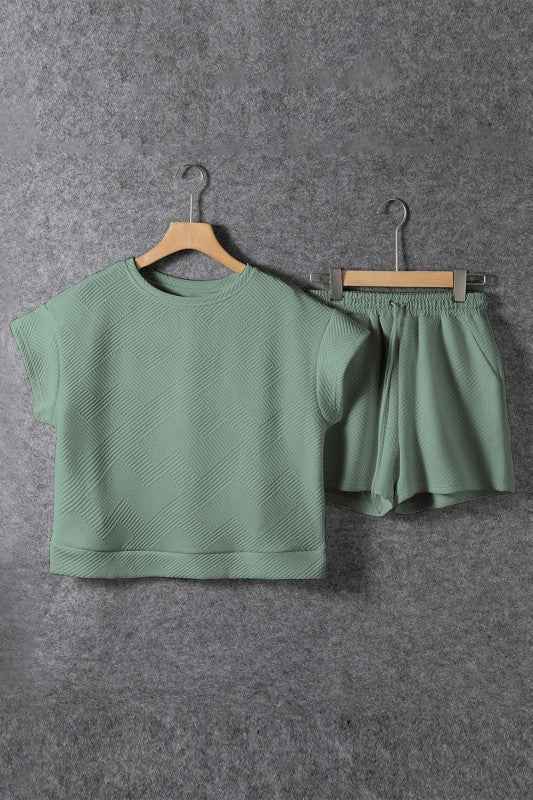 Textured Short-Sleeve Top & Drawstring Shorts Set