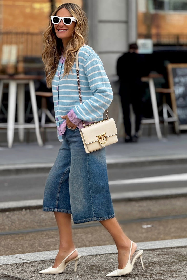 Sky Blue Stripe Contrast Trim Button Down Casual Sweater Cardigan Dear-Lover Dropshipping