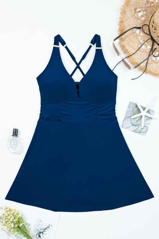Solid Crossed Straps One Piece Swim Dress