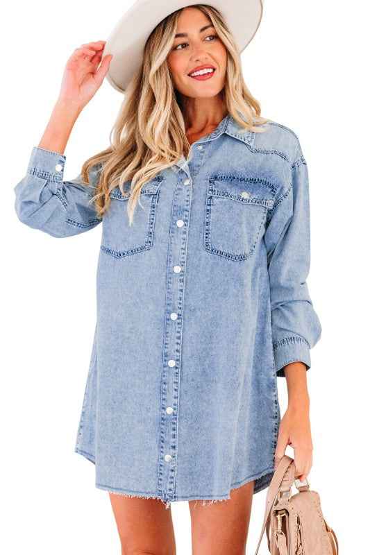 Solid Denim Chest Pocket Raw Hem Shirt Dress