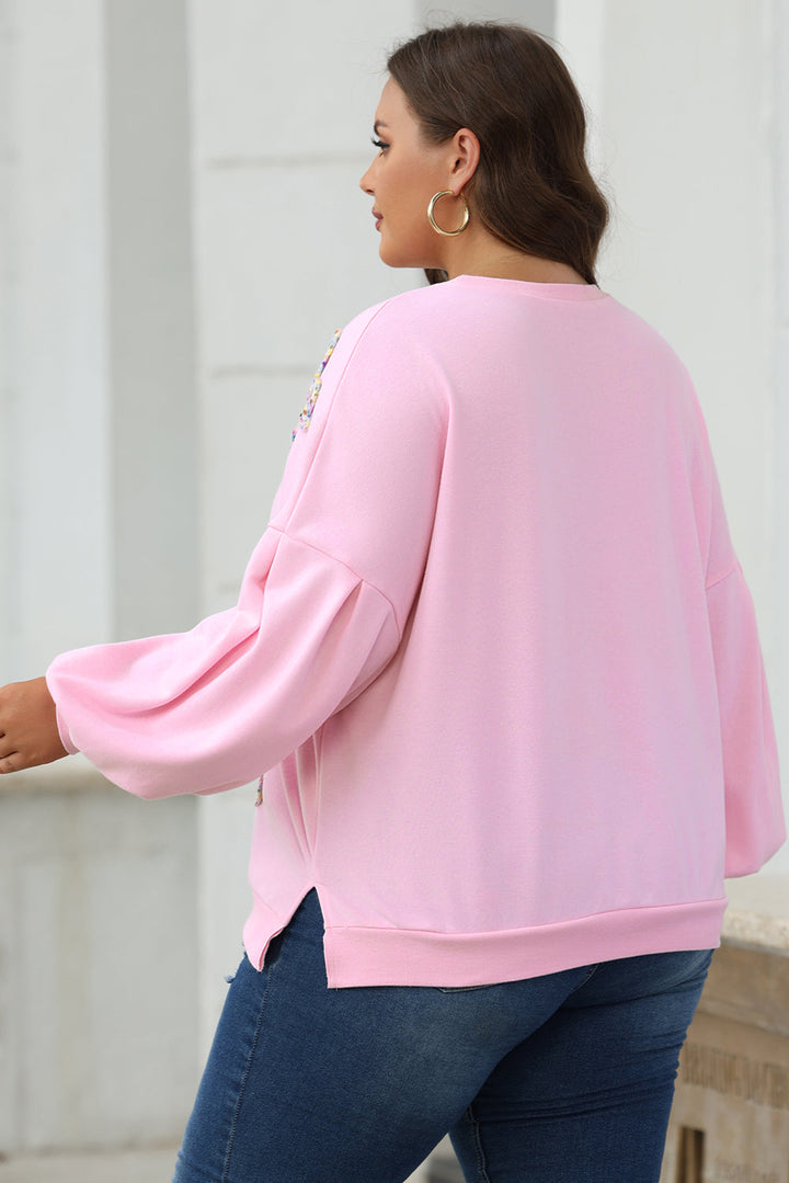 Light Pink Embroidered Bow Lantern Sleeve Oversized Pullover Sweatshirt Dear-Lover Dropshipping
