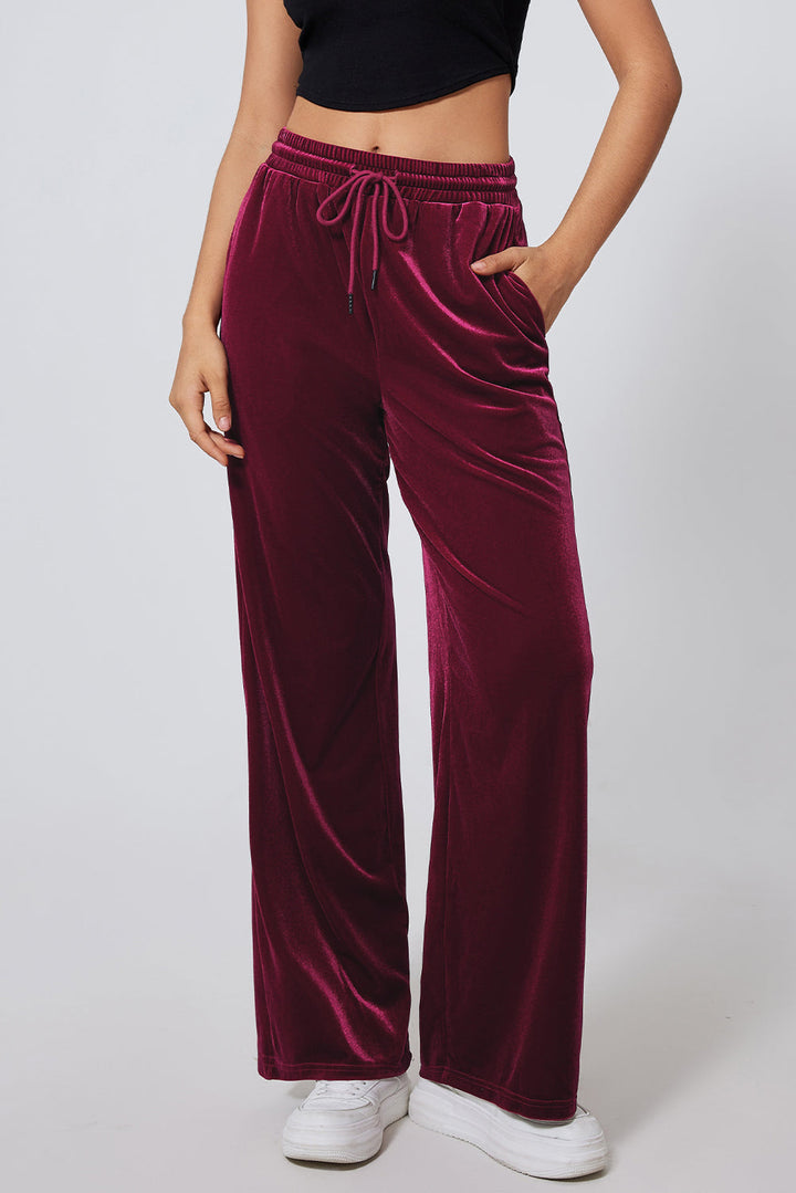 Burgundy Solid Drawstring Waist Wide Leg Pants Dear-Lover Dropshipping