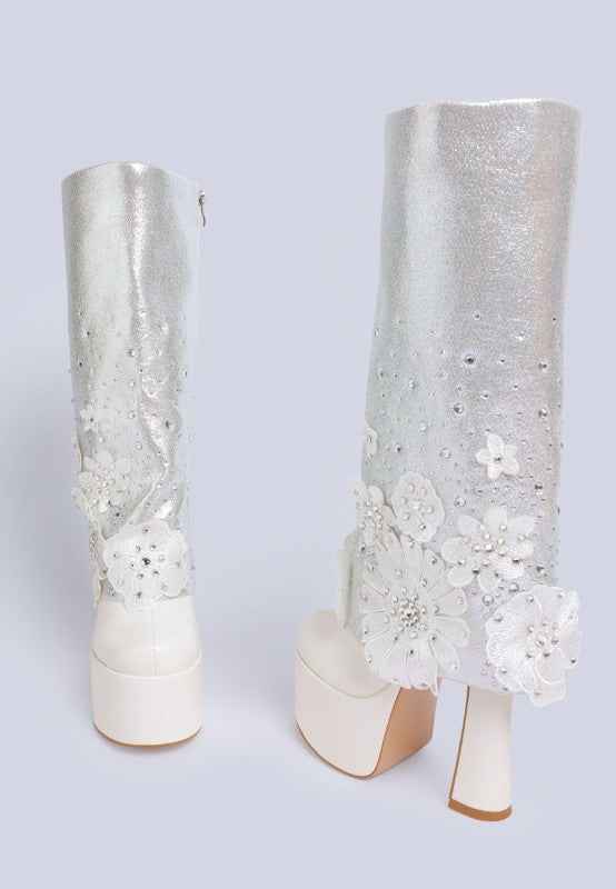 Sundra Floral Applique Platform Heeled Boots