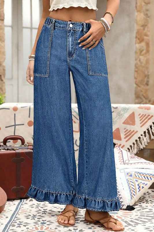 Plus Size Denim Elastic Waist Wide Leg Pants
