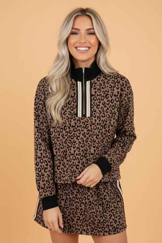 Leopard Quarter Zip Top & Mini Skirt Set