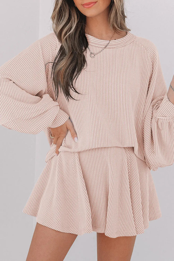 Jet Stream Corded Lantern Sleeve Top High Waist Ruffled Mini Skirt Set Dear-Lover Dropshipping