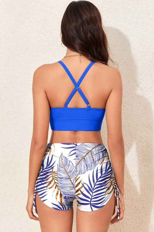 Tropical Colorblock High Waist Bikini Swimsuit