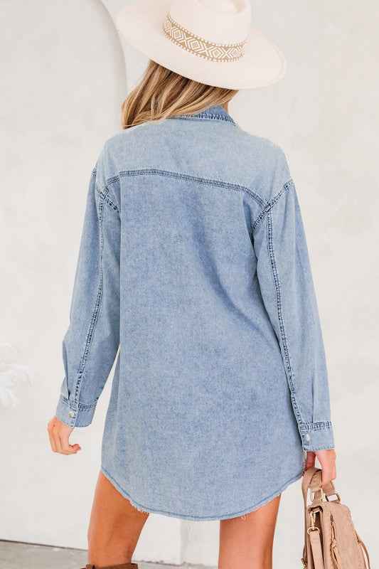 Solid Denim Chest Pocket Raw Hem Shirt Dress