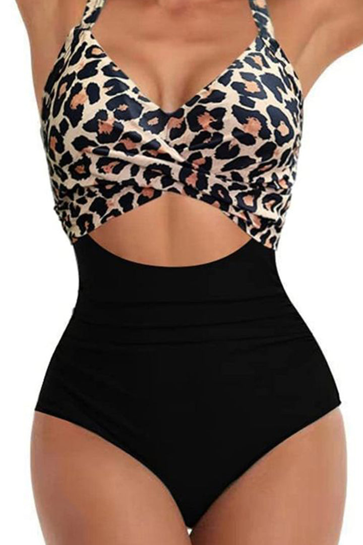 Black Leopard 2-tone Crossed Cutout Backless Monokini Dear-Lover Dropshipping