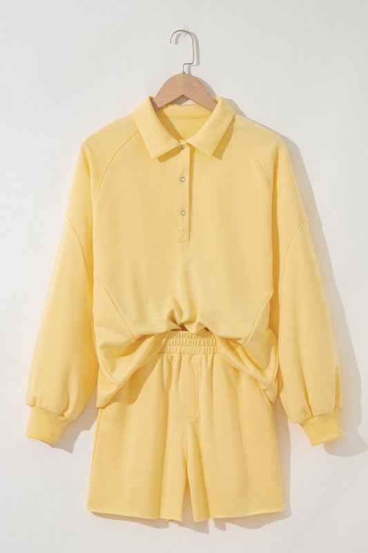 Solid Buttoned Collar Pullover & Shorts Set