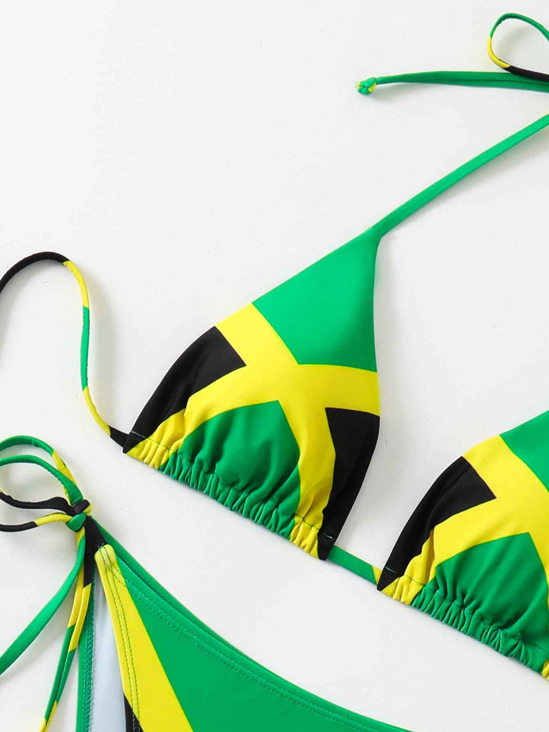 Women's Jamaica Flag Print Triangle Bikini Set, Halter Tie Top & Side Tie High Cut Bottom, 2 Piece Caribbean Swimsui
