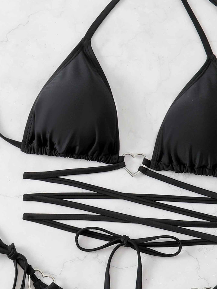 Women's Sexy Black Triangle Bikini Set With Lace-Up Top & Tie Side Bottom