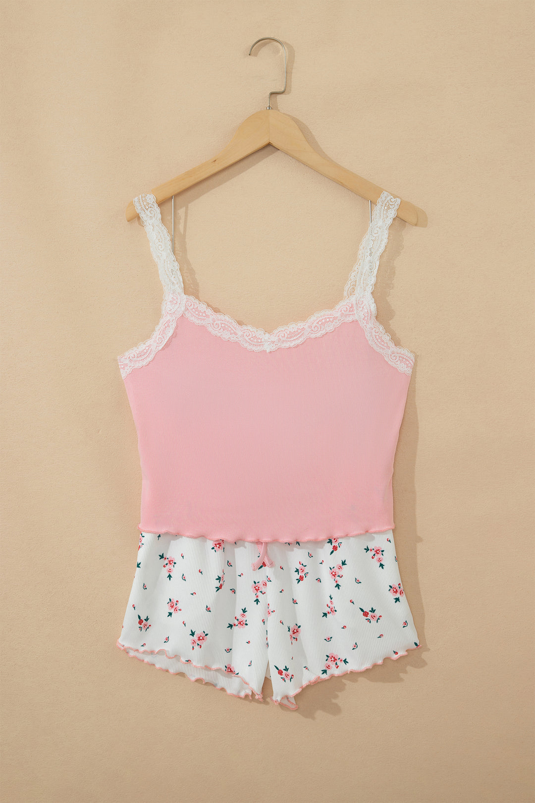 Pink Ribbed Knit Lace Straps Patchwork Lettuce Hem Cropped Top Floral Short Lounge Set Dear-Lover Dropshipping