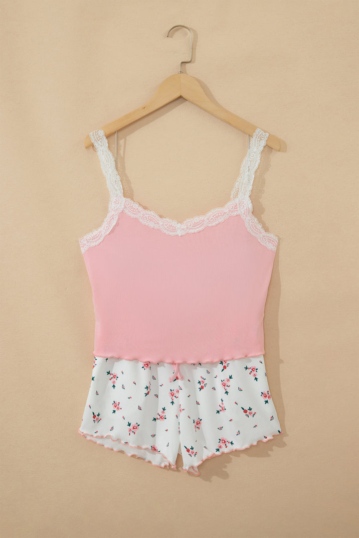 Pink Ribbed Knit Lace Straps Patchwork Lettuce Hem Cropped Top Floral Short Lounge Set Dear-Lover Dropshipping