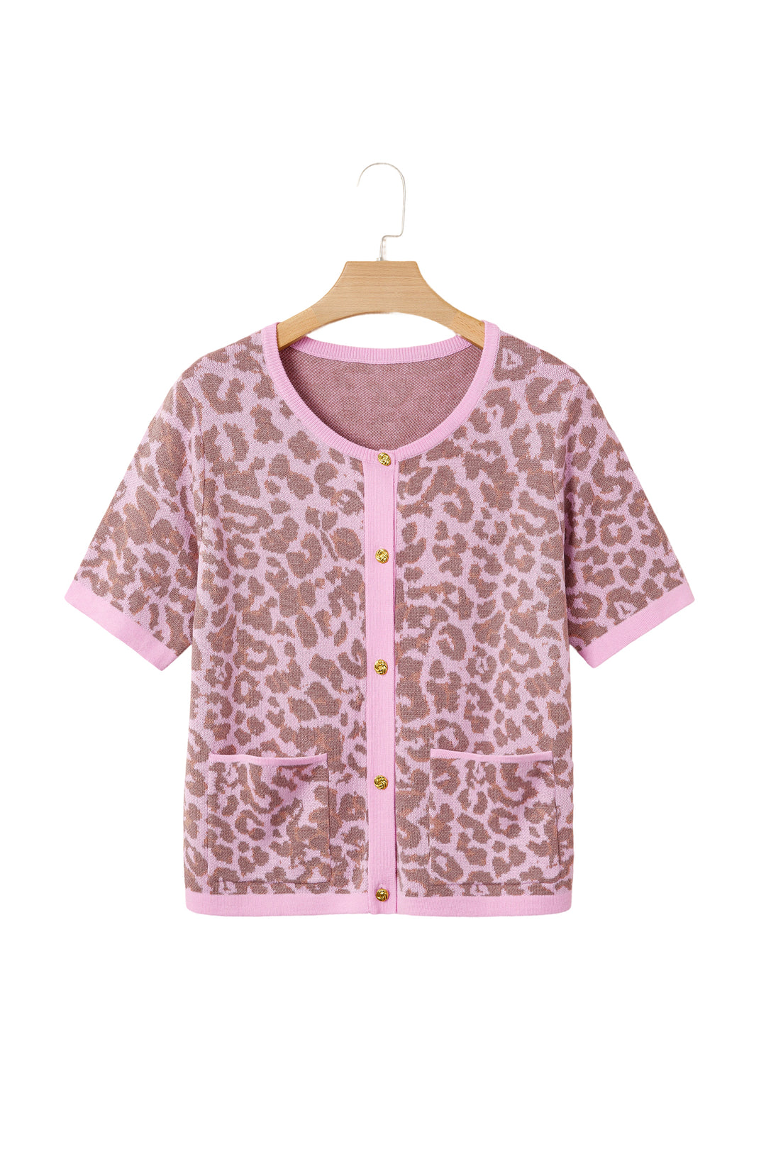 Pink Leopard Button Down Short Sleeve Sweater Cardigan Dear-Lover Dropshipping