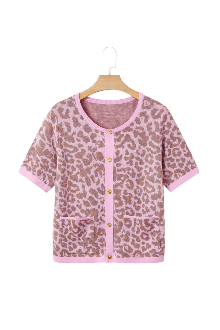 Pink Leopard Button Down Short Sleeve Sweater Cardigan Dear-Lover Dropshipping